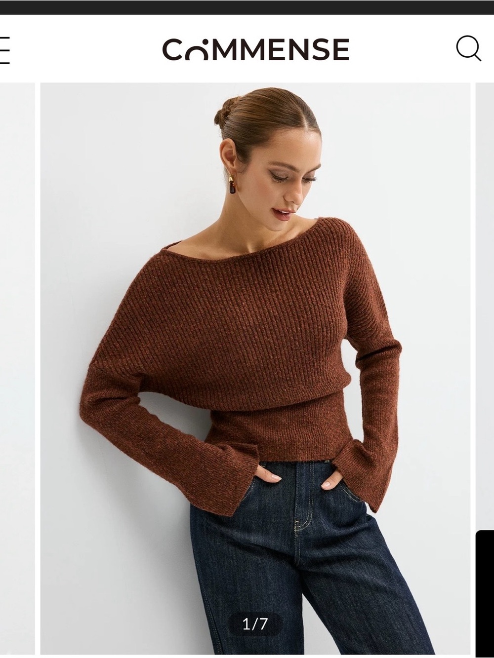 COMMENSE Wool-Blend Off-Shoulder Sweater – Dark Brown